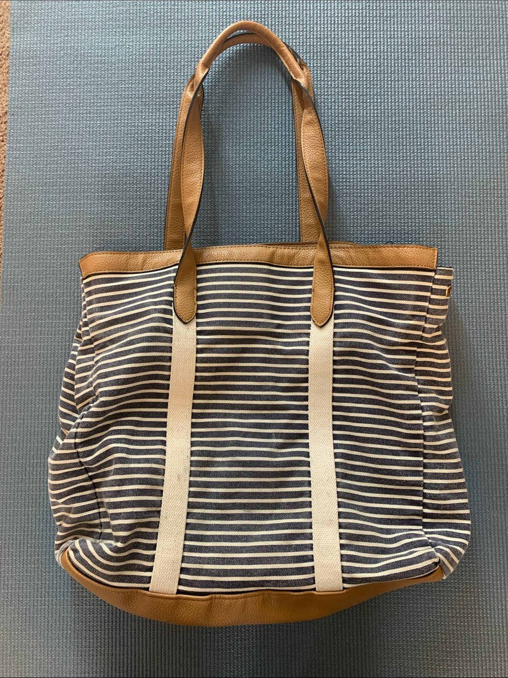 Nautical Navy and Cream Striped Tote or Tote or Overnight Bag with Tan Accents